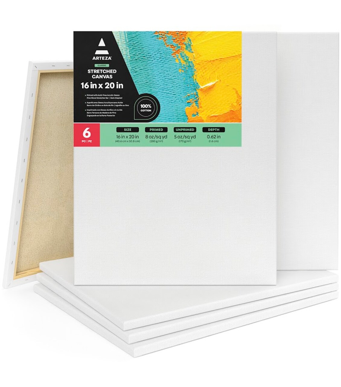 Arteza Stretched Canvas, Classic, White, 16x20, Large Blank Canvas Boards  for Painting - 6 Pack